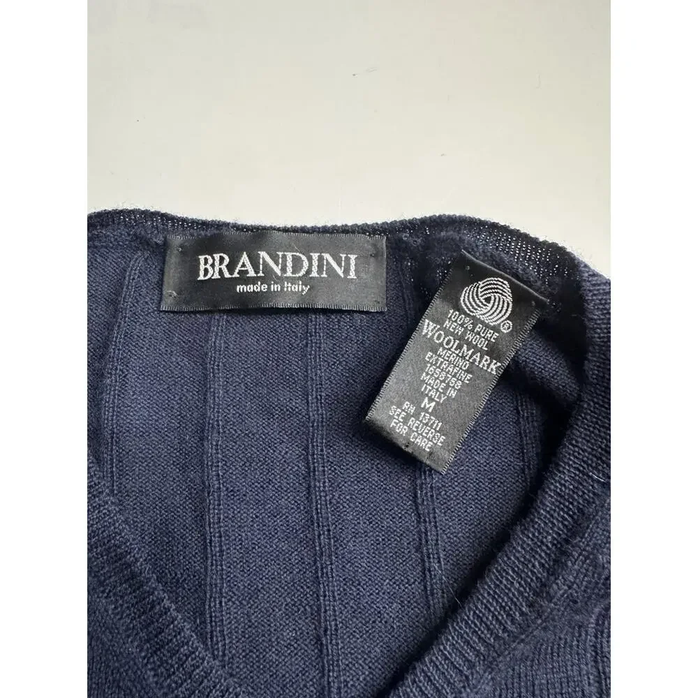 Brandini Navy Blue Merino Wool Ribbed Long Sleeve V Neck Sweater Men's Medium